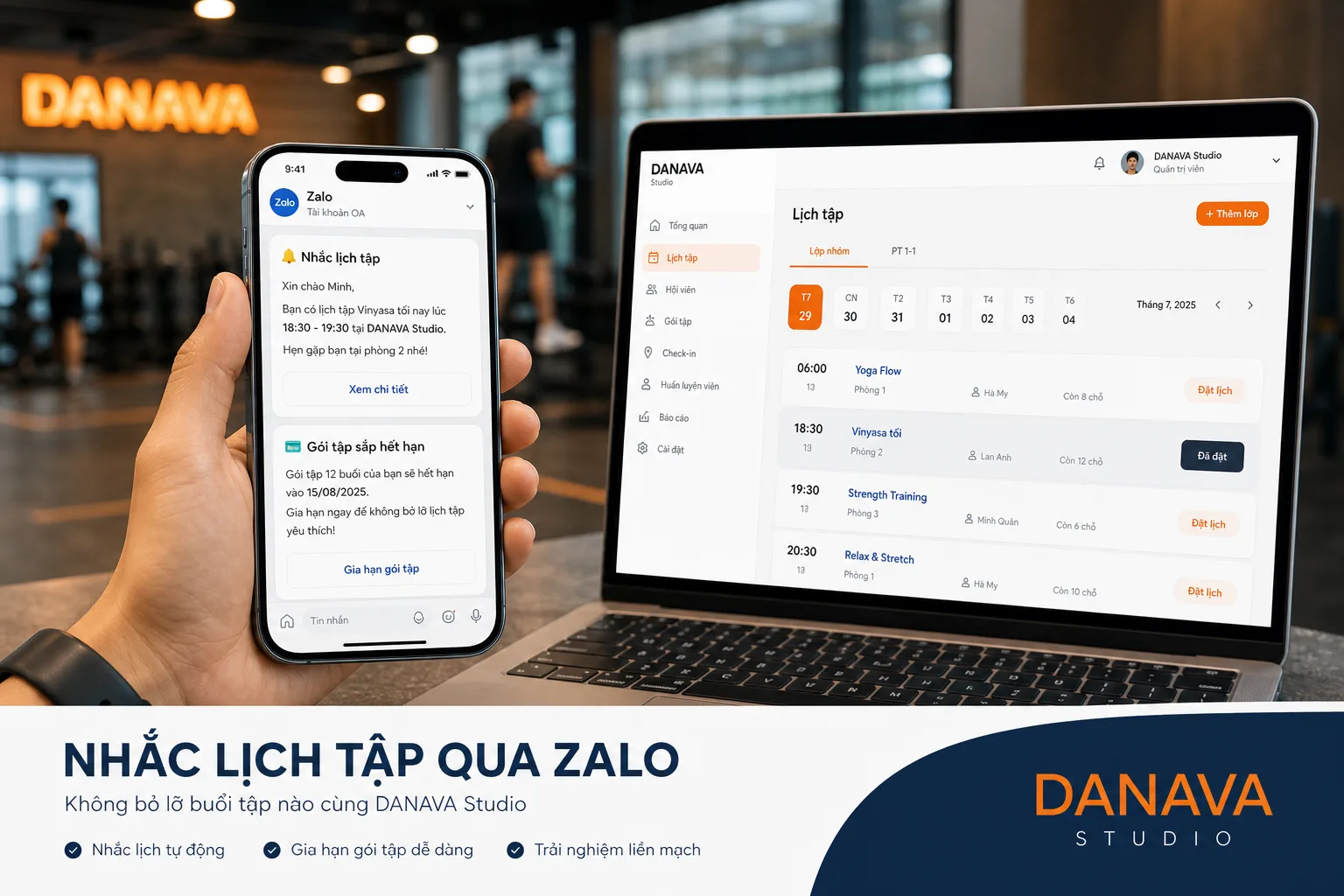 Nhắc hội viên ngay trên Zalo — không cần cài thêm gì