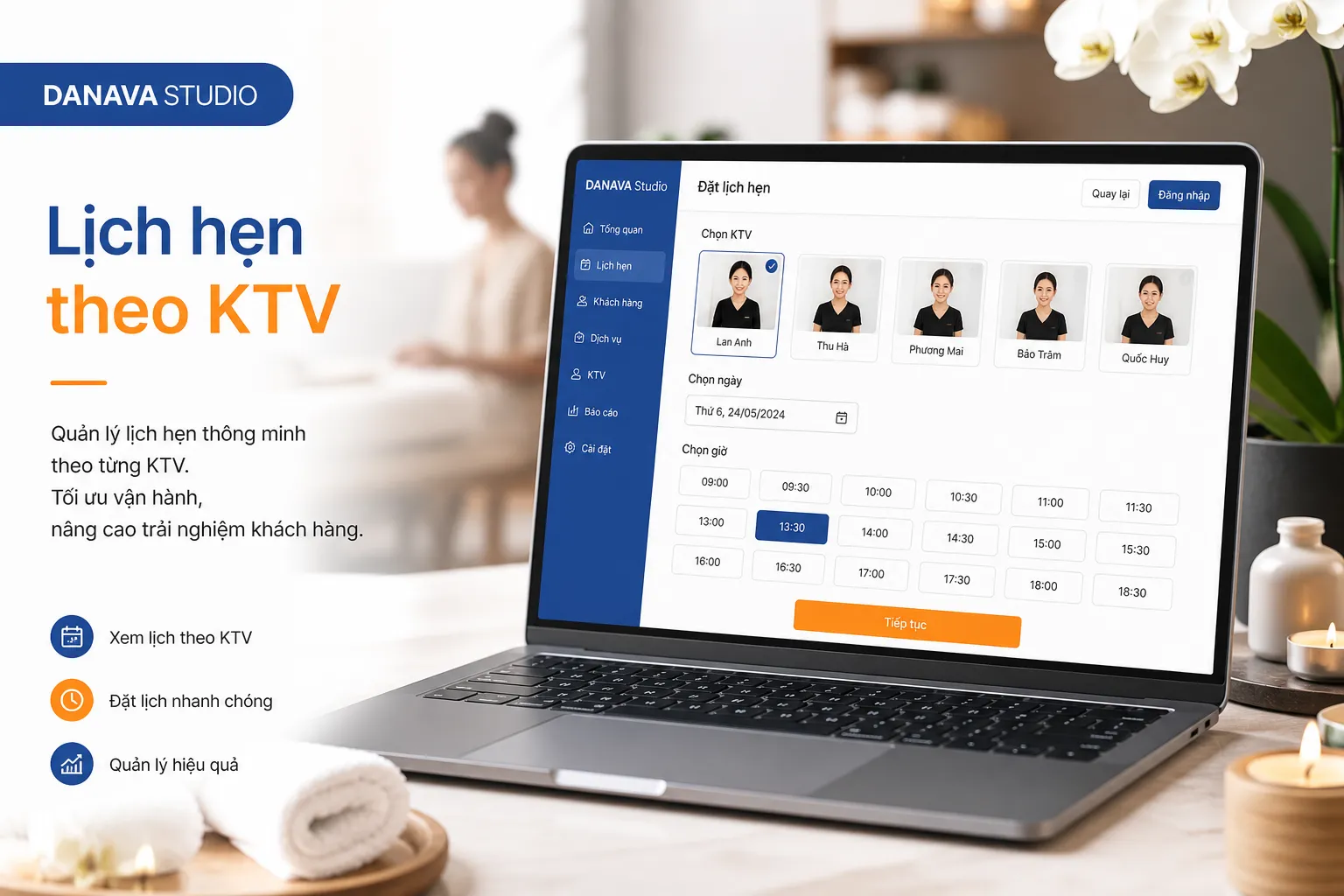 Lịch hẹn dịch vụ — đặt theo KTV và khung giờ, giảm no-show