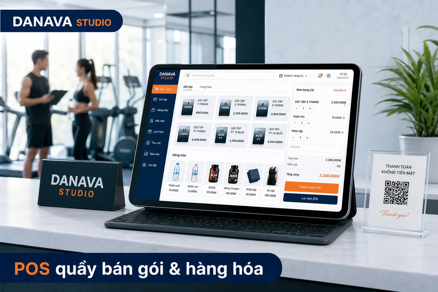 POS quầy — bán gói tập & hàng hóa, trừ kho và ghi doanh thu tự động