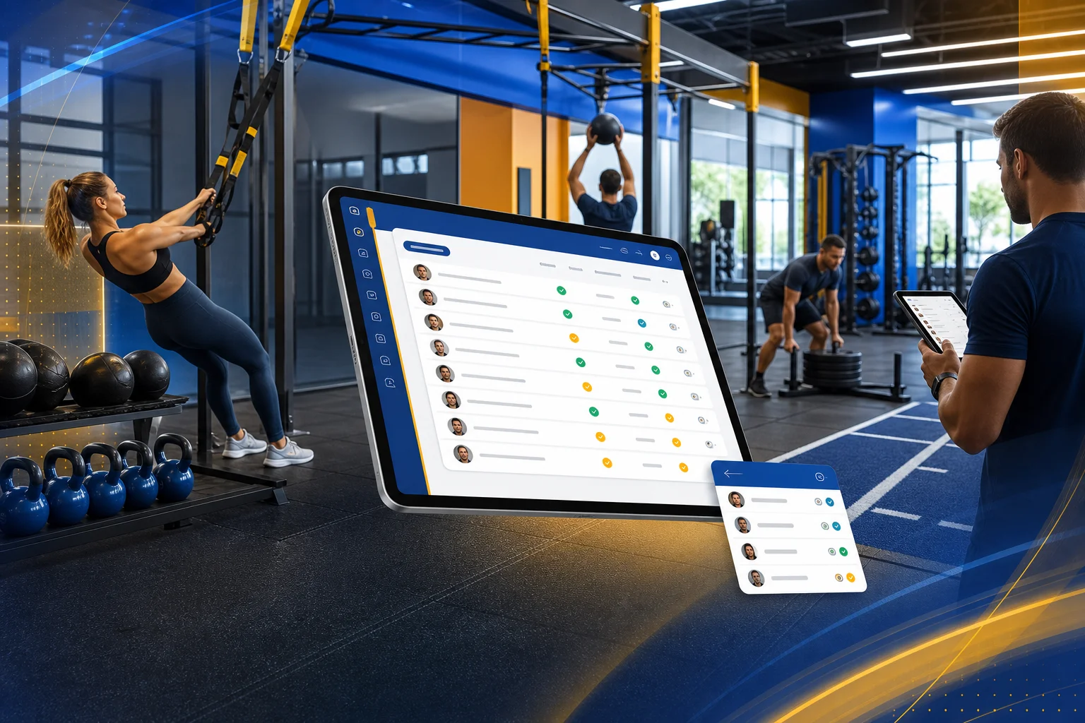 Một buổi group fitness — lớp đầy, check-in nhanh